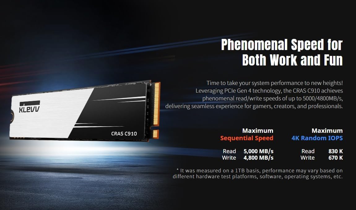KLEVV CRAS C910 1TB M.2 NVMe PCIe Gen4x4 Internal SSD Heatsink Included, up to 5000MB/s (K01TBM2SP0-C91)