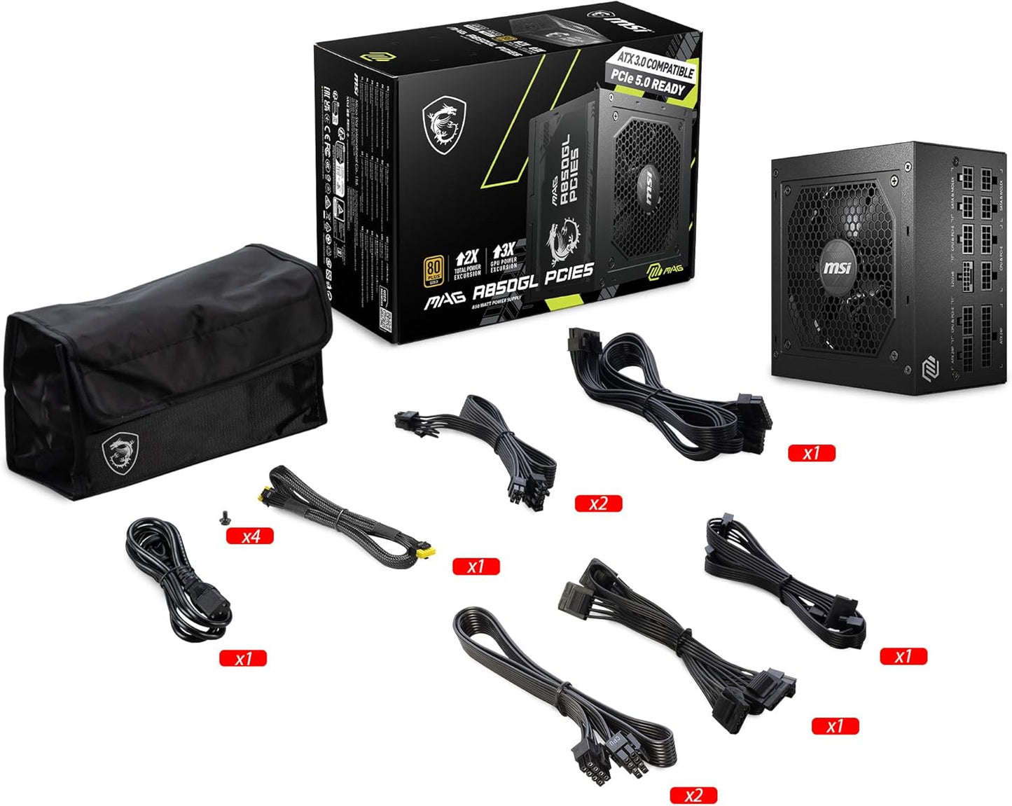 MSI MAG A850GL PCIE 5.1 & ATX 3.1 Gaming Power Supply - Full Modular - 80 Plus Gold Certified 850W - Compact Size - ATX PSU