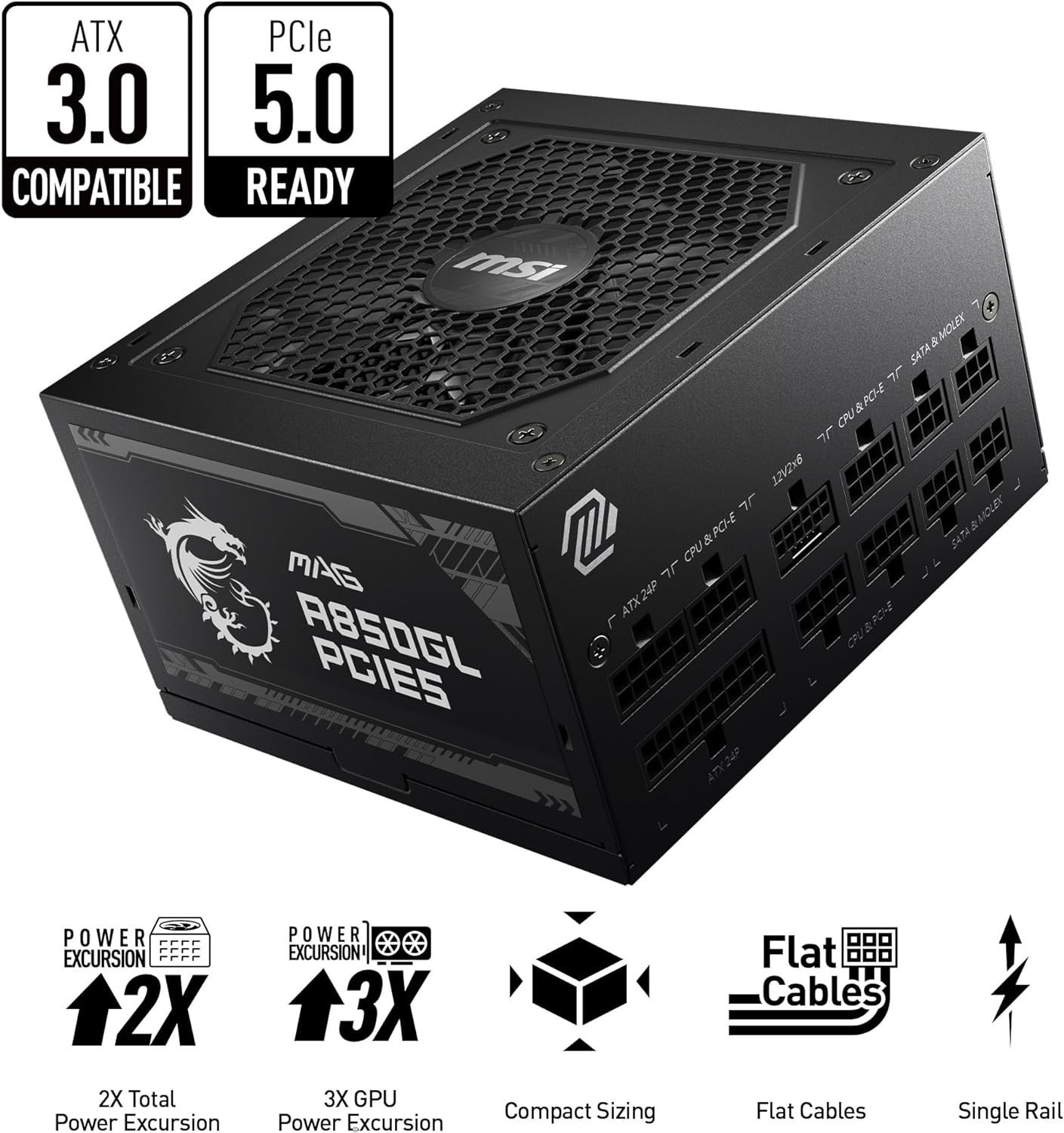 MSI MAG A850GL PCIE 5.1 & ATX 3.1 Gaming Power Supply - Full Modular - 80 Plus Gold Certified 850W - Compact Size - ATX PSU