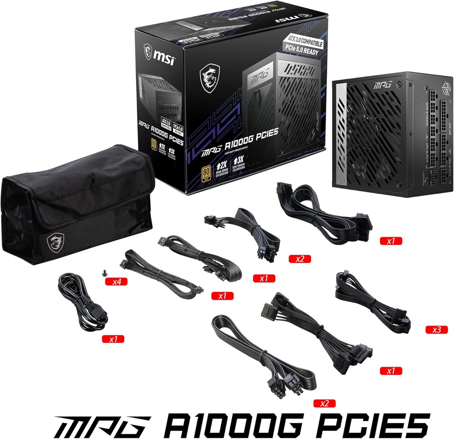 MSI MPG A1000G PCIE 5 & ATX 3.0 Gaming Power Supply - Full Modular - 80 Plus Gold Certified 1000W - 100% Japanese 105°C Capacitors - Compact Size - ATX PSU