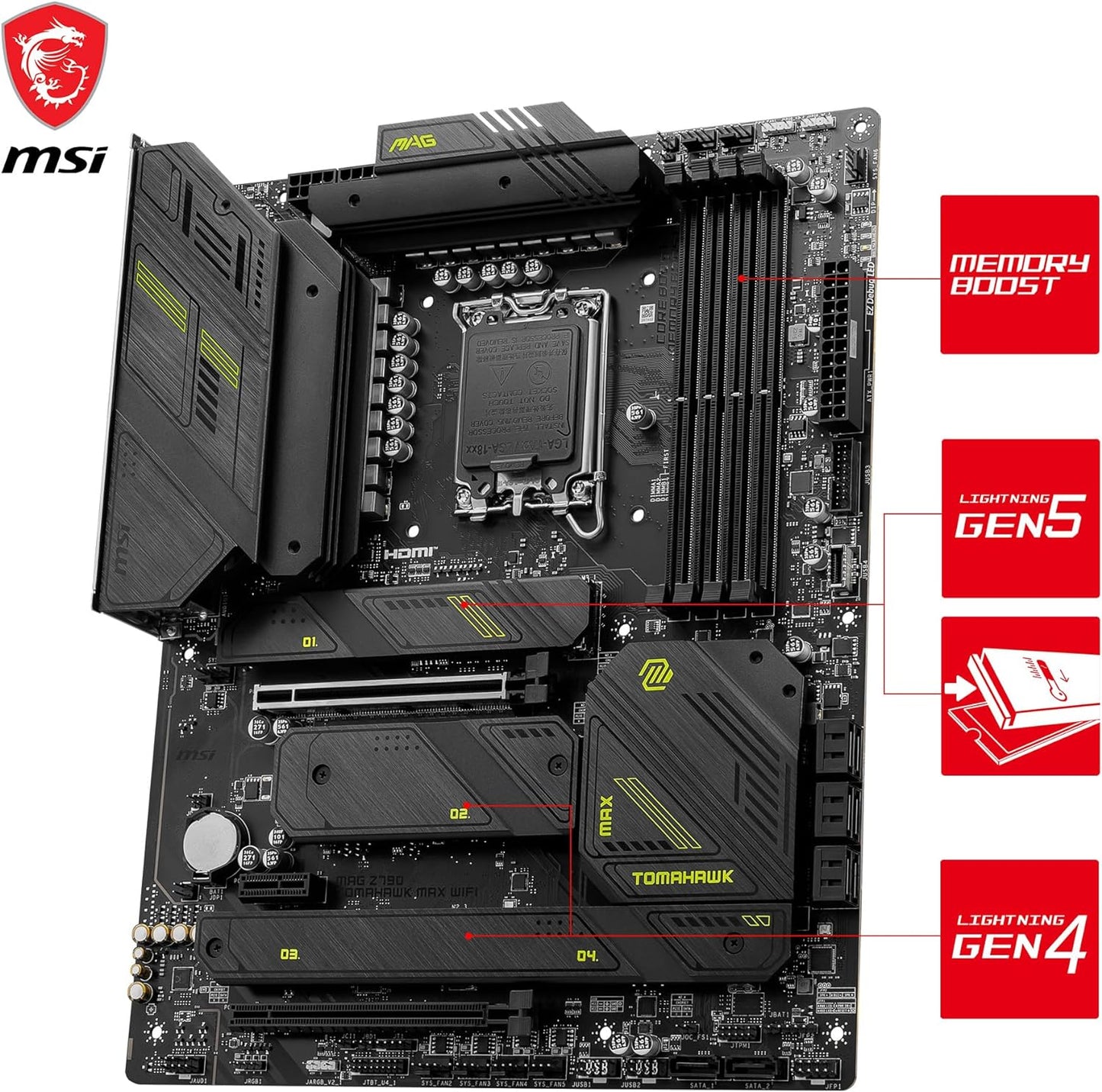 MSI MAG Z790 Tomahawk MAX WiFi Gaming Motherboard (Supports 12th/13th/14th Gen Intel Processors, LGA 1700, DDR5, PCIe 5.0, M.2, SATA 6G, 2.5Gbps LAN, USB 3.2 Gen2, Wi-Fi 7, Bluetooth 5.4, ATX)