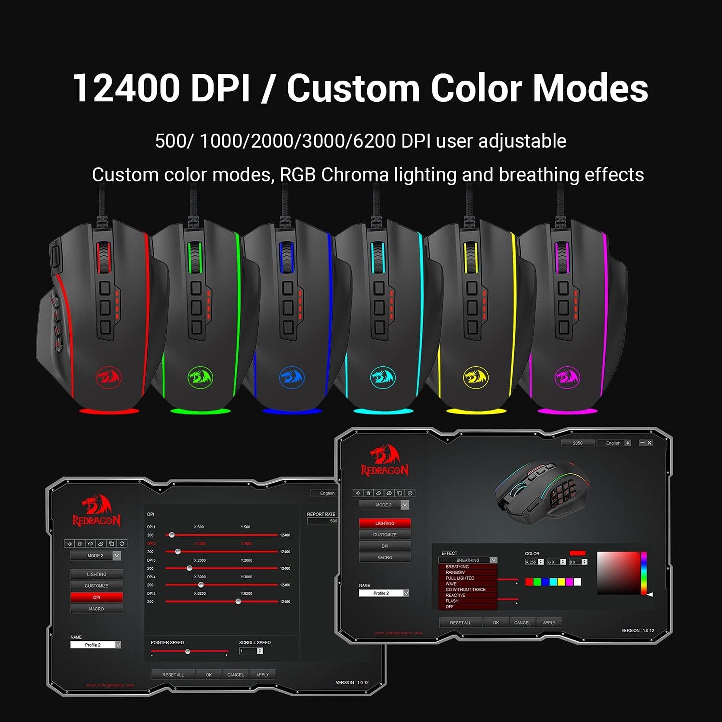 Redragon M901 Gaming Mouse RGB Backlit MMO 19 Macro Programmable Buttons with Weight Tuning Set, 12400 DPI for Windows PC Computer (Wired, Black)
