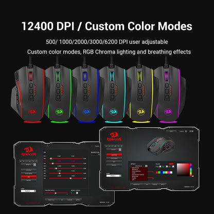 Redragon M901 Gaming Mouse RGB Backlit MMO 19 Macro Programmable Buttons with Weight Tuning Set, 12400 DPI for Windows PC Computer (Wired, Black)