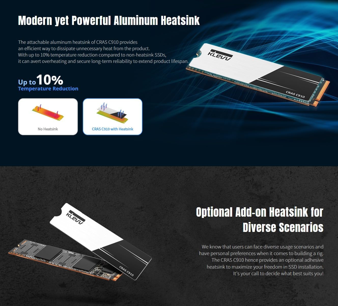 KLEVV CRAS C910 1TB M.2 NVMe PCIe Gen4x4 Internal SSD Heatsink Included, up to 5000MB/s (K01TBM2SP0-C91)
