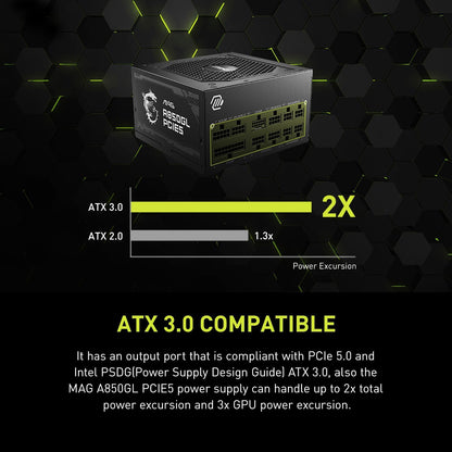 MSI MAG A850GL PCIE 5.1 & ATX 3.1 Gaming Power Supply - Full Modular - 80 Plus Gold Certified 850W - Compact Size - ATX PSU