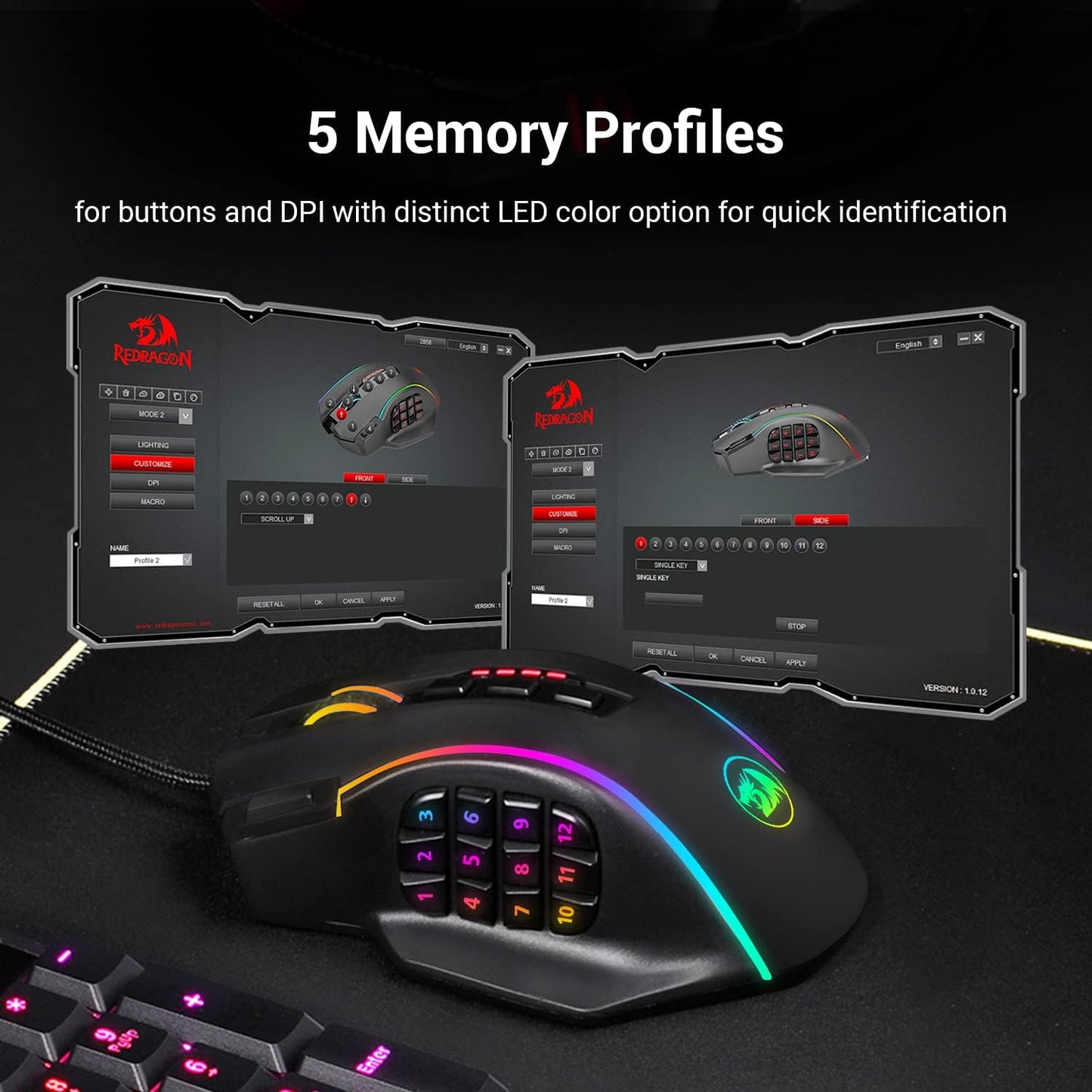 Redragon M901 Gaming Mouse RGB Backlit MMO 19 Macro Programmable Buttons with Weight Tuning Set, 12400 DPI for Windows PC Computer (Wired, Black)