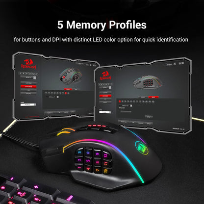 Redragon M901 Gaming Mouse RGB Backlit MMO 19 Macro Programmable Buttons with Weight Tuning Set, 12400 DPI for Windows PC Computer (Wired, Black)