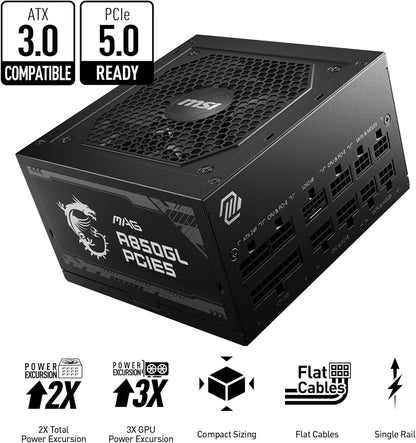MSI MAG A850GL PCIE 5.1 & ATX 3.1 Gaming Power Supply - Full Modular - 80 Plus Gold Certified 850W - Compact Size - ATX PSU