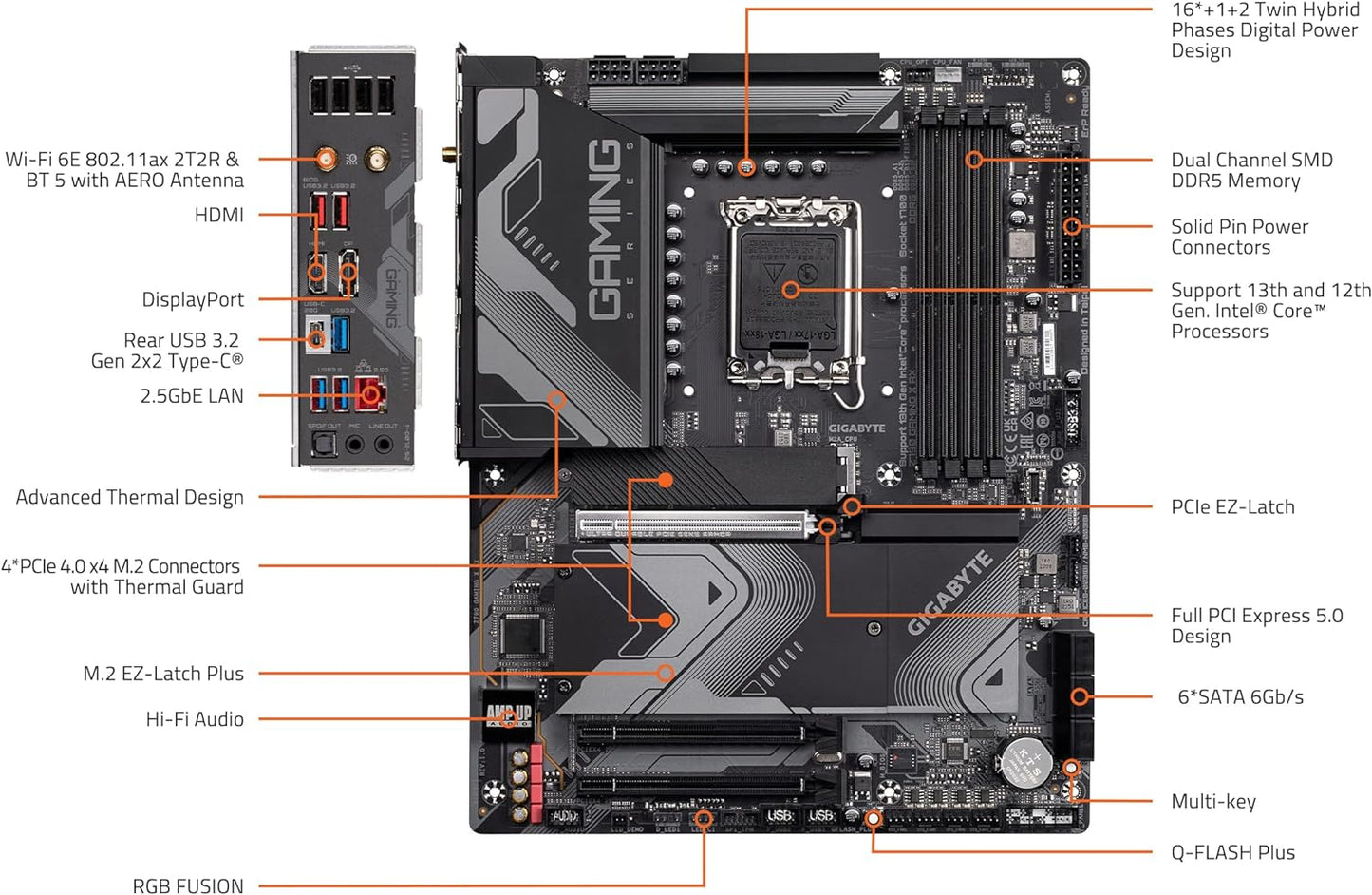 GIGABYTE Z790 Gaming X AX (LGA 1700/ Intel/ Z790/ ATX/ DDR5/ M.2/ PCIe 5.0/ USB 3.2 Gen2X2 Type-C/Intel Wi-Fi 6E/ 2.5GbE LAN/Q-Flash Plus/EZ-Latch Plus/Gaming MotherBoard