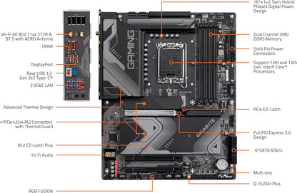GIGABYTE Z790 Gaming X AX (LGA 1700/ Intel/ Z790/ ATX/ DDR5/ M.2/ PCIe 5.0/ USB 3.2 Gen2X2 Type-C/Intel Wi-Fi 6E/ 2.5GbE LAN/Q-Flash Plus/EZ-Latch Plus/Gaming MotherBoard