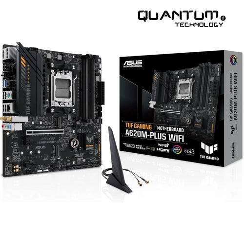 ASUS TUF A620M-PLUS WIFI motherboard angled view

