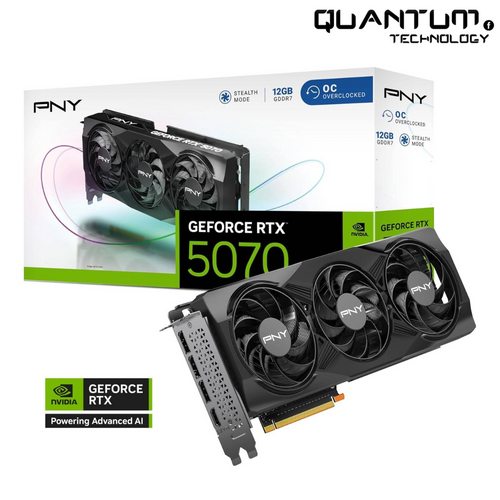 بطاقة رسومات PNY GeForce RTX 5070 OC ثلاثية المروحة - 12 جيجابايت GDDR7، DLSS 3.5، تتبع الأشعة 