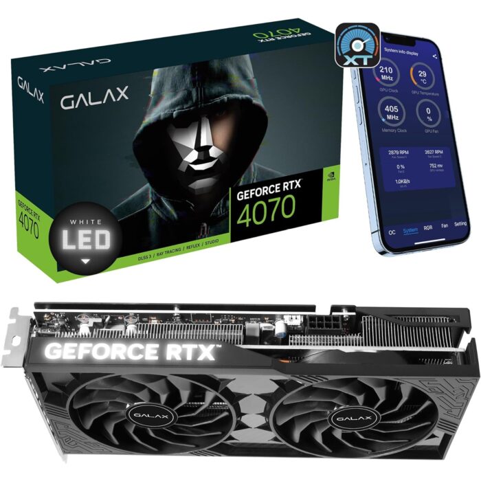 GALAX RTX 4070 1-Click OC graphics card with 12GB GDDR6X memory and advanced cooling.