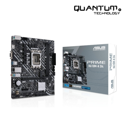 ASUS Prime H610M-K D4 micro-ATX motherboard showcasing ports and features.