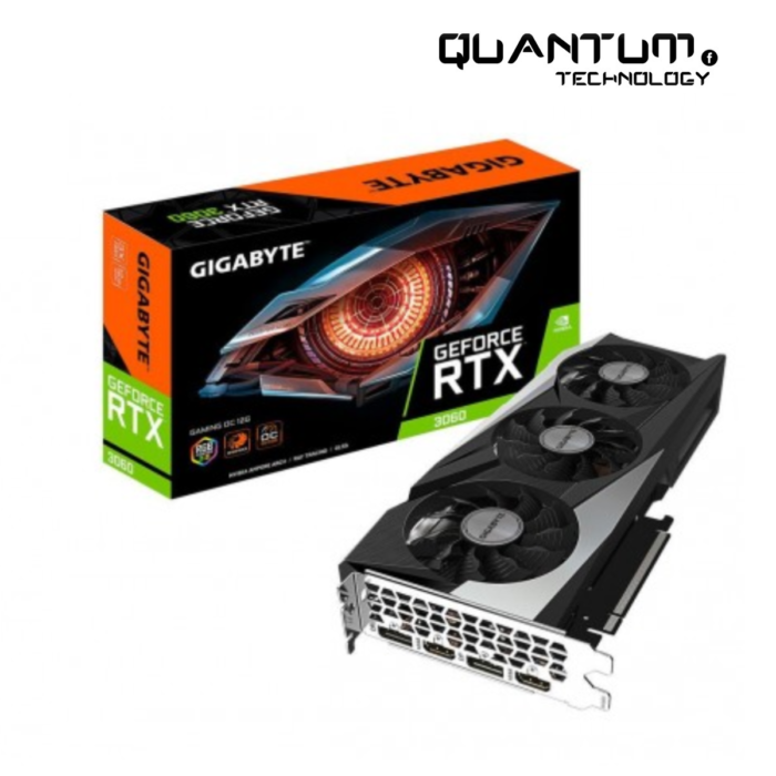 GIGABYTE RTX 3060 GAMING OC 12G graphics card featuring a sleek design, WINDFORCE cooling system, and customizable RGB lighting