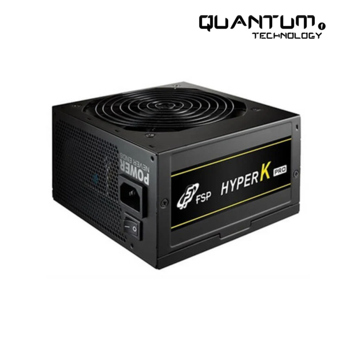 FSP Hyper K 700W Power Supply Unit showing its 120mm cooling fan, various connectors including 24-pin ATX, 8-pin CPU, and multiple PCIe connectors, designed for high performance and efficient cooling.