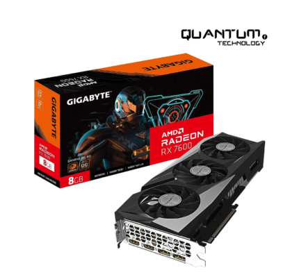 GIGABYTE GV-R76GAMING OC-8GD Radeon RX 7600 graphics card featuring 8GB GDDR6 and 3X WINDFORCE cooling fans for optimal performance.