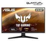 ASUS TUF Gaming VG249Q1A 23.8” monitor showing 165Hz refresh rate and 1ms response time, featuring IPS display technology.