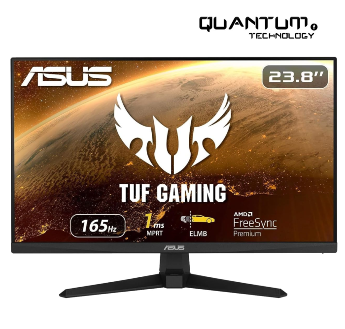 ASUS TUF Gaming VG249Q1A 23.8” monitor showing 165Hz refresh rate and 1ms response time, featuring IPS display technology.