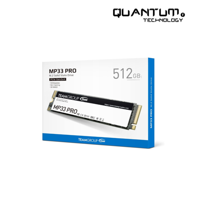 TEAMGROUP MP33 PRO 512GB NVMe SSD with SLC cache and 3D NAND TLC technology, showcasing its M.2 2280 form factor and PCIe Gen3x4 interface.