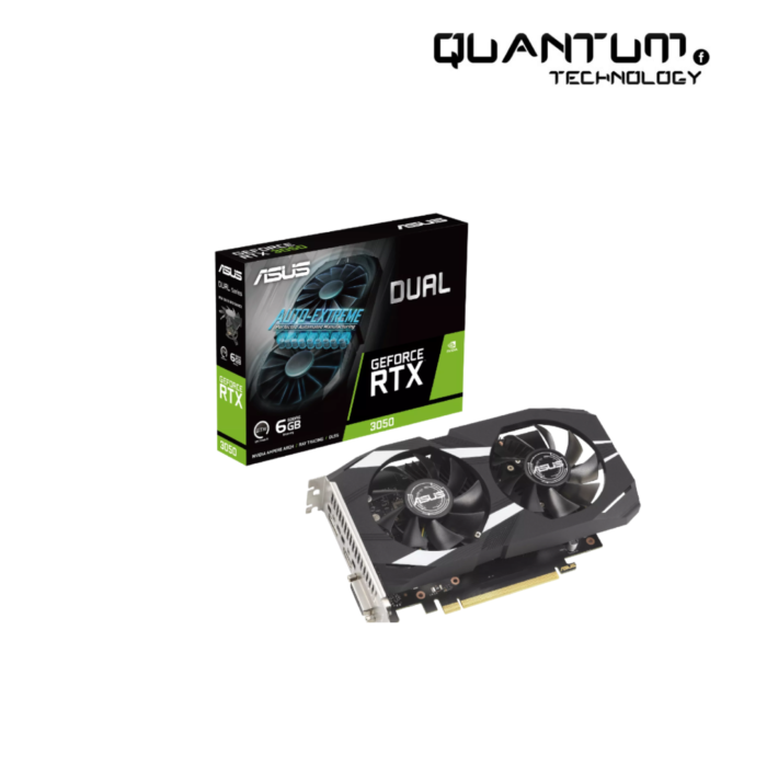 ASUS Dual GeForce RTX 3050 OC Edition graphics card with dual fans and GDDR6 memory.