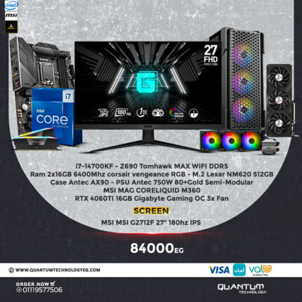 i7-14700KF PC bundle with RTX 4060TI, Corsair Vengeance RAM, MSI MAG CoreLiquid Cooler, MSI 180Hz IPS monitor.