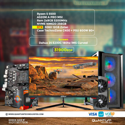 Ryzen 5 5500 PC bundle with A520M A Pro MSI, 16GB RAM, RTX 3060, Lexar NM620 SSD, Technozone C400 case, and Dahua E230C 24" curved 180Hz monitor