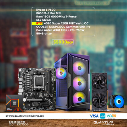 Custom PC bundle featuring AMD Ryzen 5 7600, RTX 4070 Super, MSI B650M-E PRO motherboard, and more for high-performance computing.