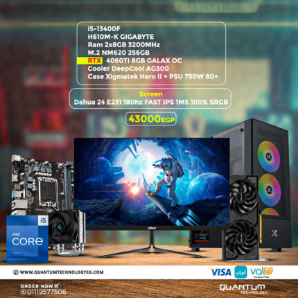 PC bundle with i5-13400F, H610M-K GIGABYTE, 16GB RAM, RTX 4060 Ti, Lexar NM620 SSD, DeepCool AG300, Xigmatek Hero II case, and 24" 180Hz Fast IPS screen