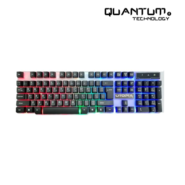 Utopia Gaming Keyboard BA-505 with customizable rainbow LED lighting and durable plastic surface for a comfortable gaming experience.