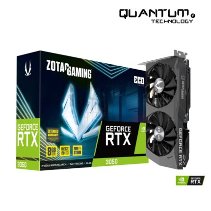 ZOTAC GAMING GeForce RTX 3050 ECO with 8GB GDDR6, 128-bit memory, IceStorm 2.0 cooling, DLSS, ray tracing, and ultra-low power consumption.