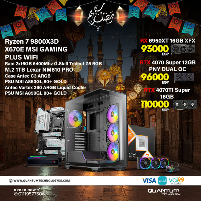 Ryzen 7 9800X3D gaming PC build with X670E motherboard, DDR5 6000MHz RAM, 1TB NVMe SSD, ARGB case, and 360mm liquid cooling